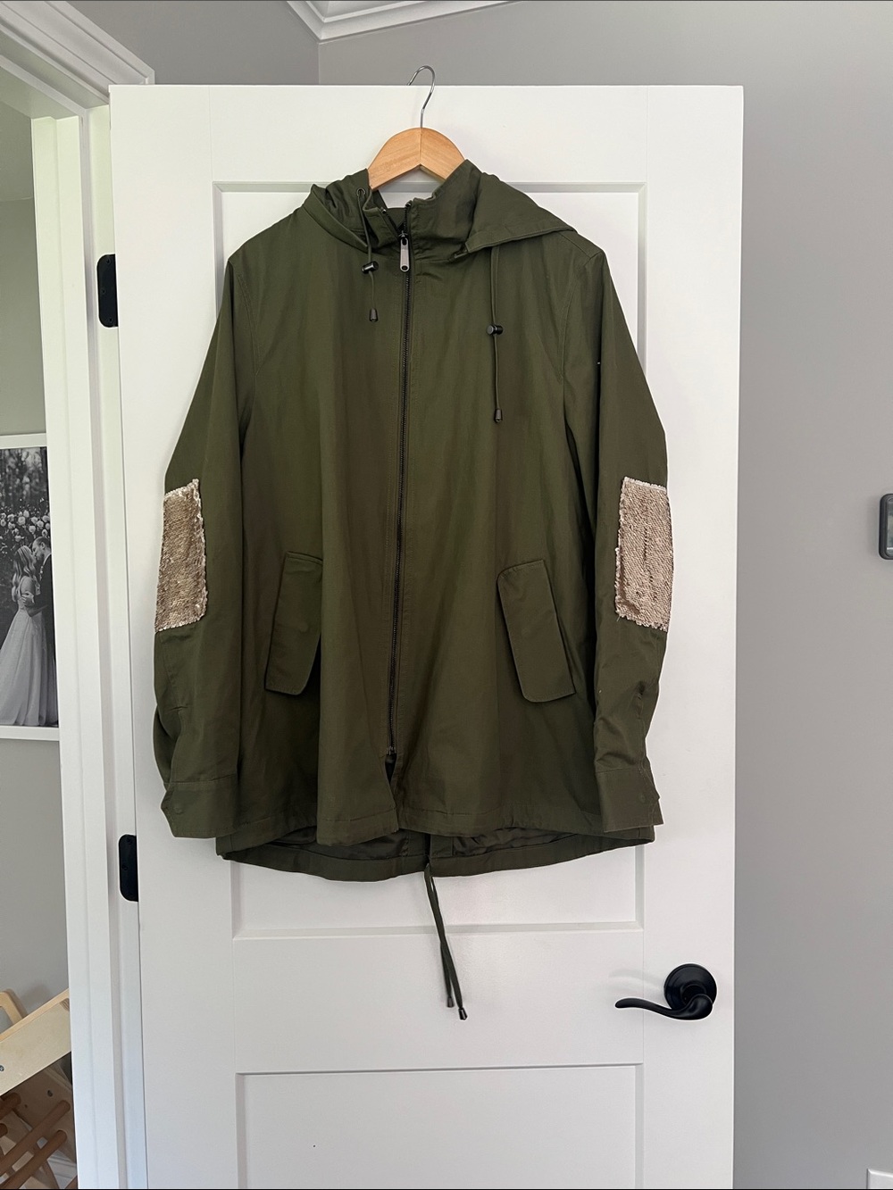 Sam Edelman Olive Green Hooded Parka with Sequin Elbow Patches